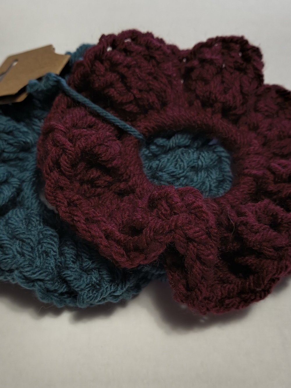 Handmade Teal and Burgundy Crochet Flower Scrunchies